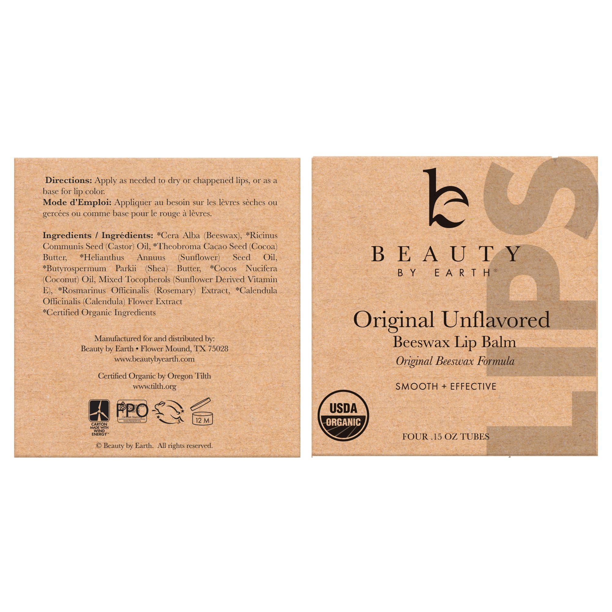 Beauty by Earth bálsamo labial orgánico, hidratación duradera para labios expuestos a la rutina diaria.