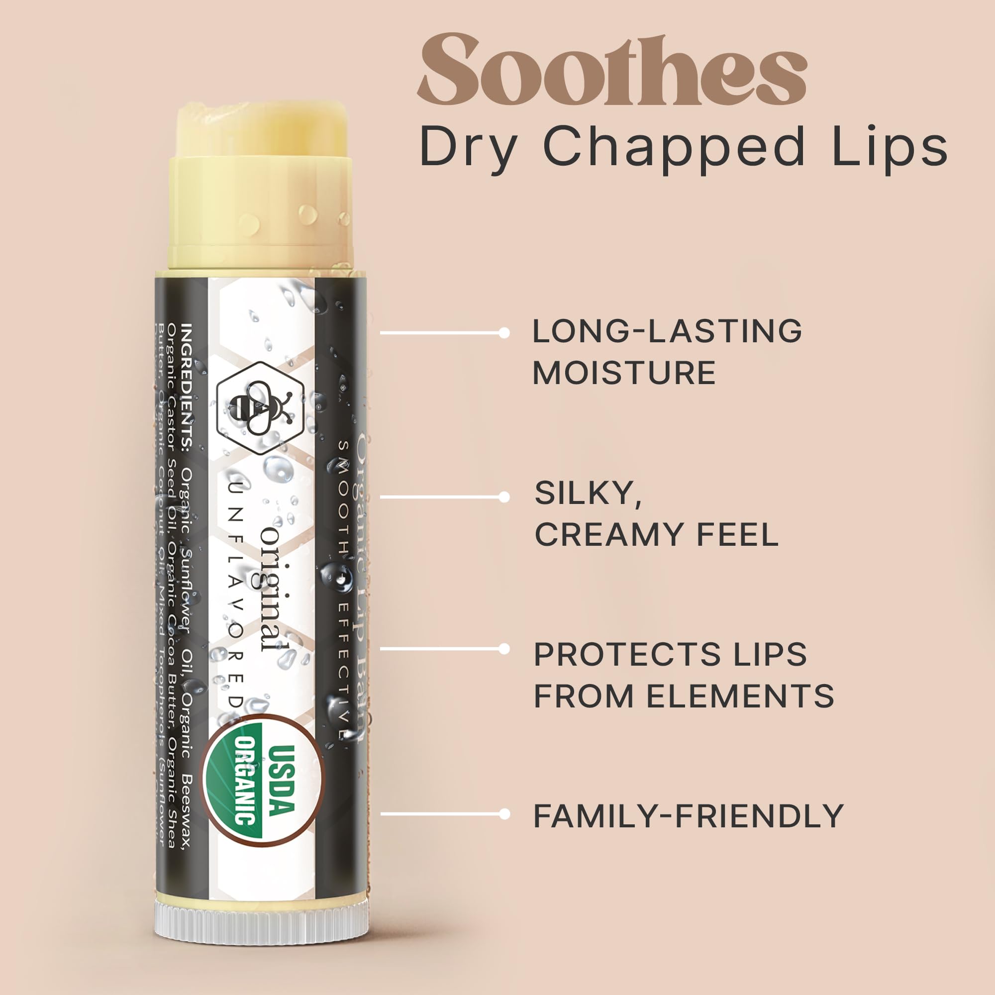Beauty by Earth bálsamo labial orgánico, textura hidratante que mantiene labios lisos y cómodos.