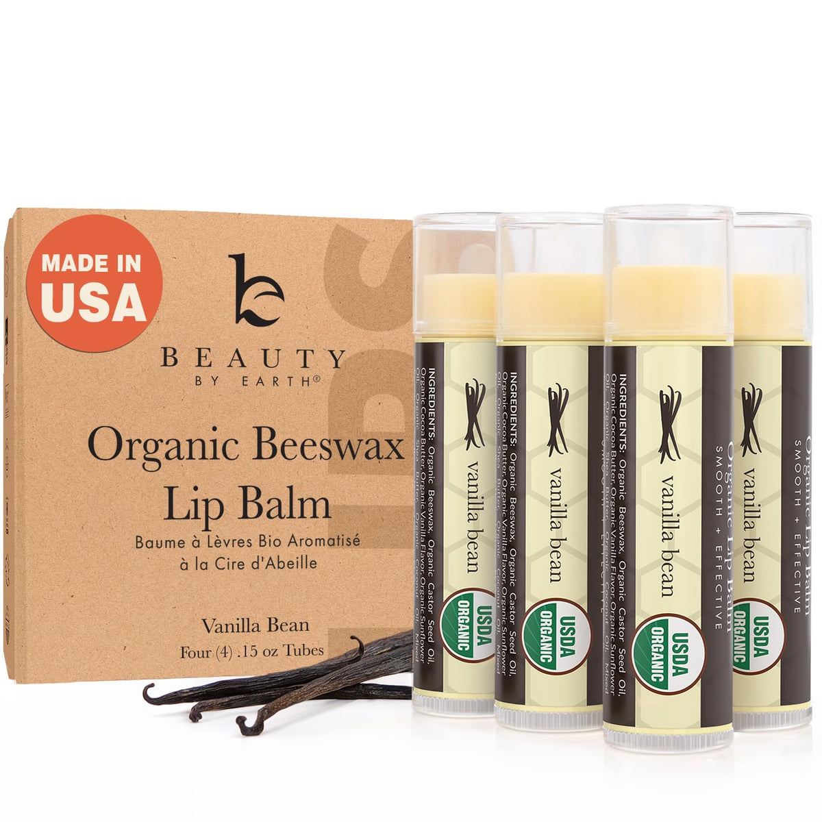 Beauty by Earth bálsamo labial orgánico en envase, hidratación duradera.