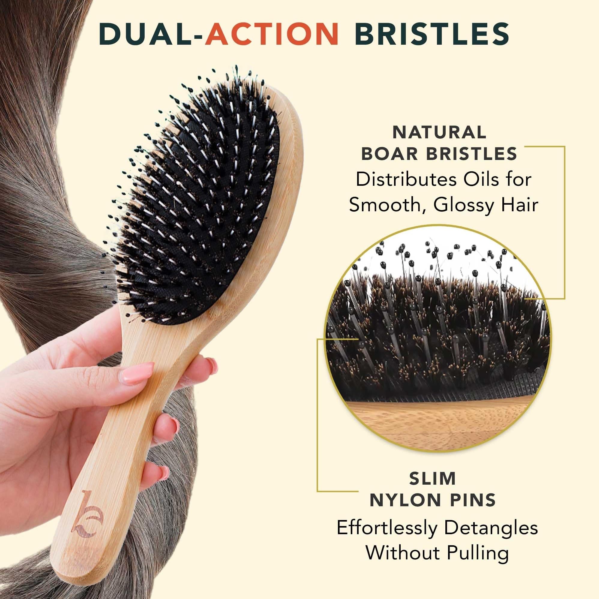 Beauty by Earth boar-bristle brush close-up shows scalp-stimulation benefits