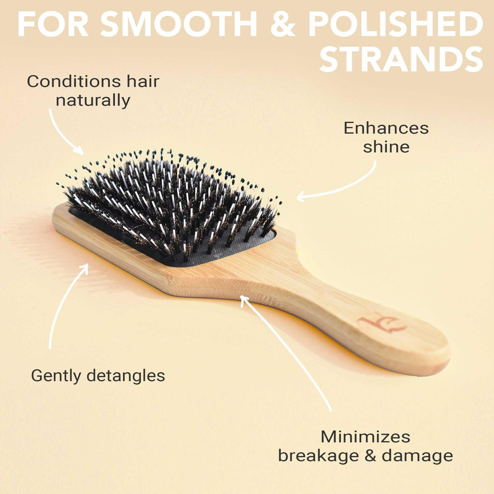 Beauty by Earth boar bristle paddle brush smooths hair shaft for natural shine