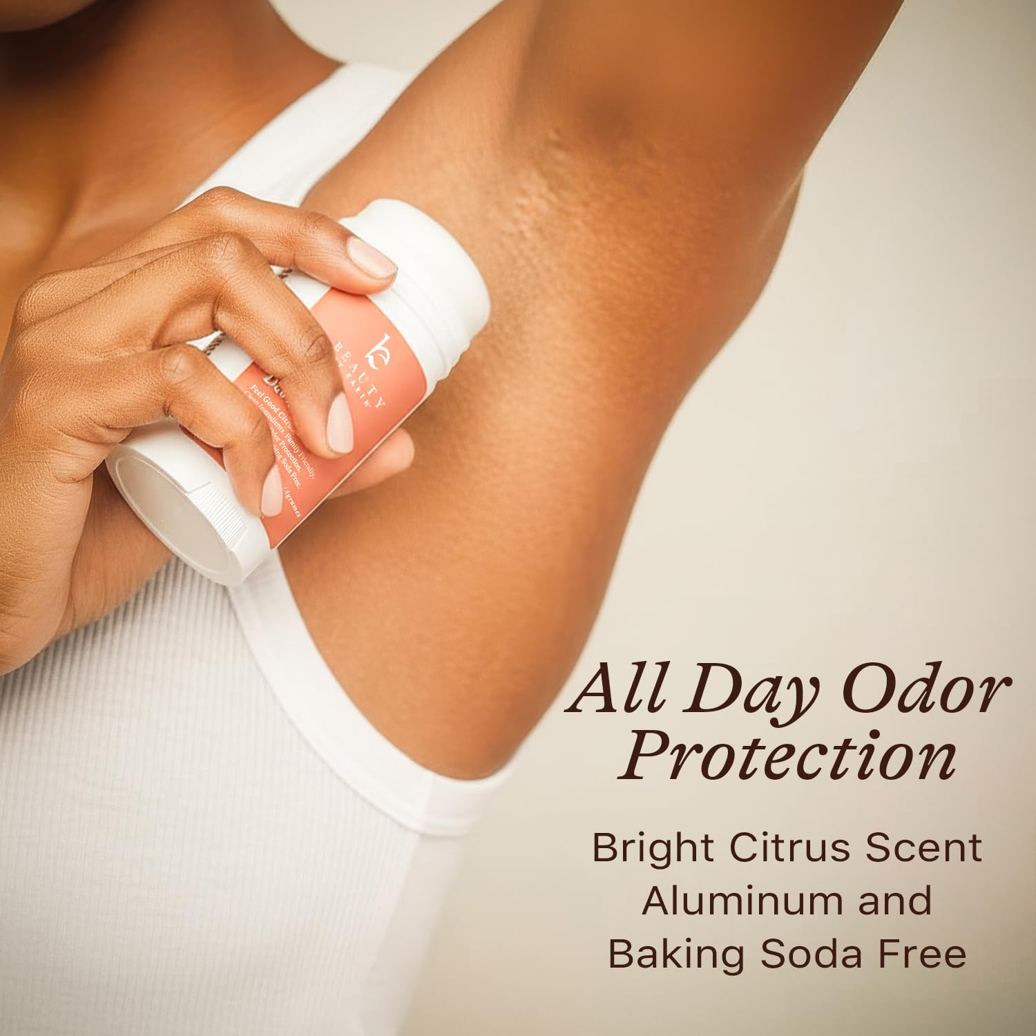 Beauty by Earth deodorant swipe application demonstrates easy daily use.