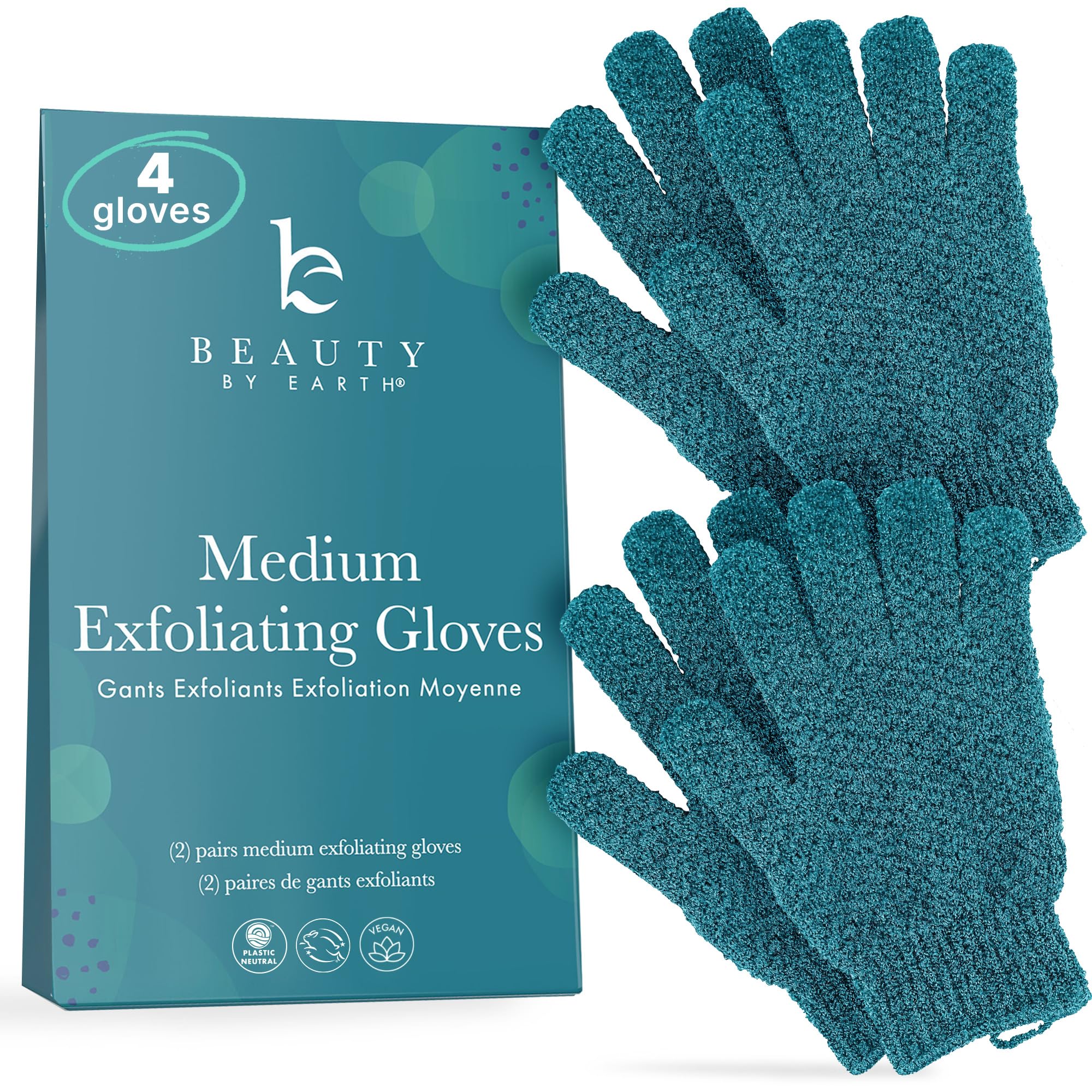 Beauty by Earth guante exfoliante; mano con guante para exfoliar suavemente la piel.