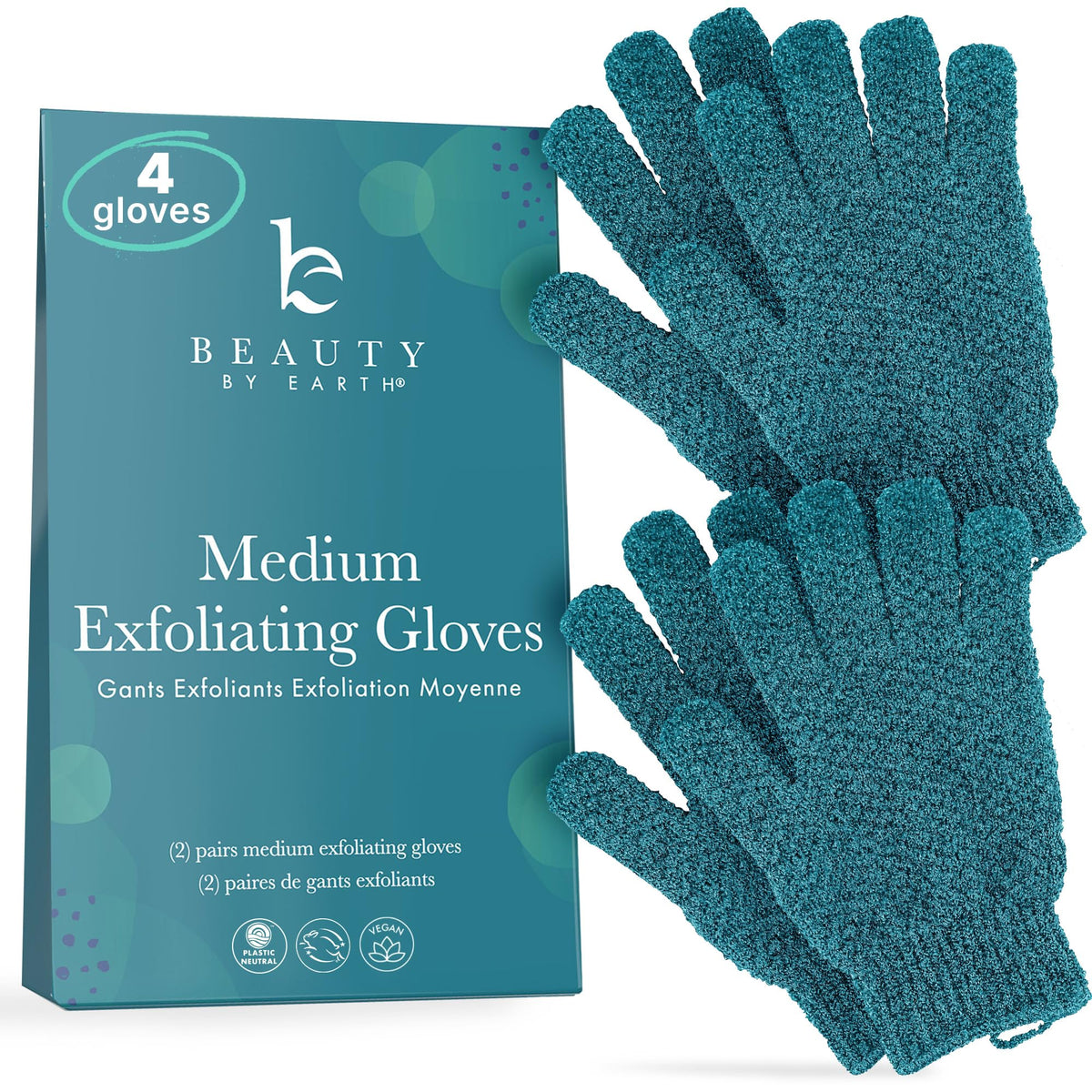 Beauty by Earth guante exfoliante; mano con guante para exfoliar suavemente la piel.