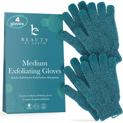 Beauty by Earth guante exfoliante; mano con guante para exfoliar suavemente la piel.