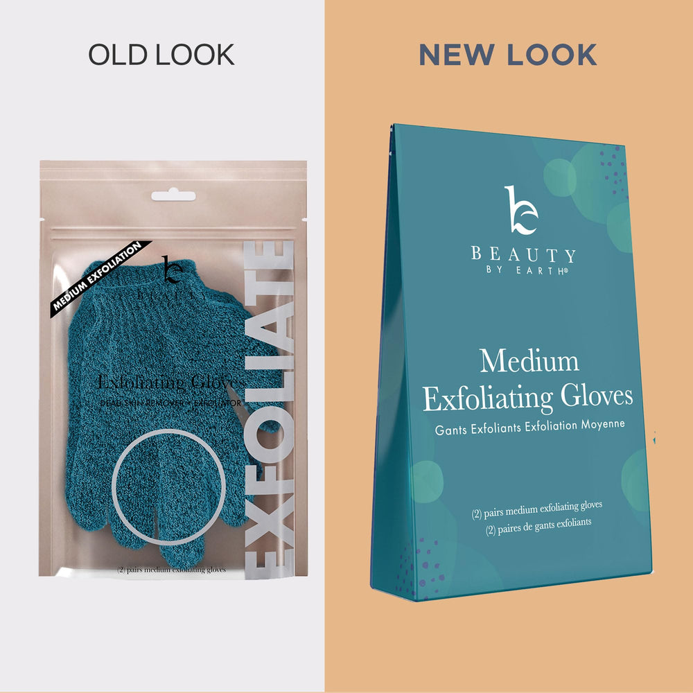 Beauty by Earth rutina de cuidado corporal con guante exfoliante.