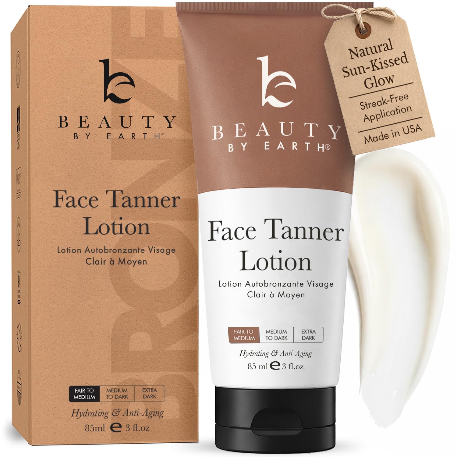 Beauty by Earth Face Tanner bottle with pump for even, natural glow
