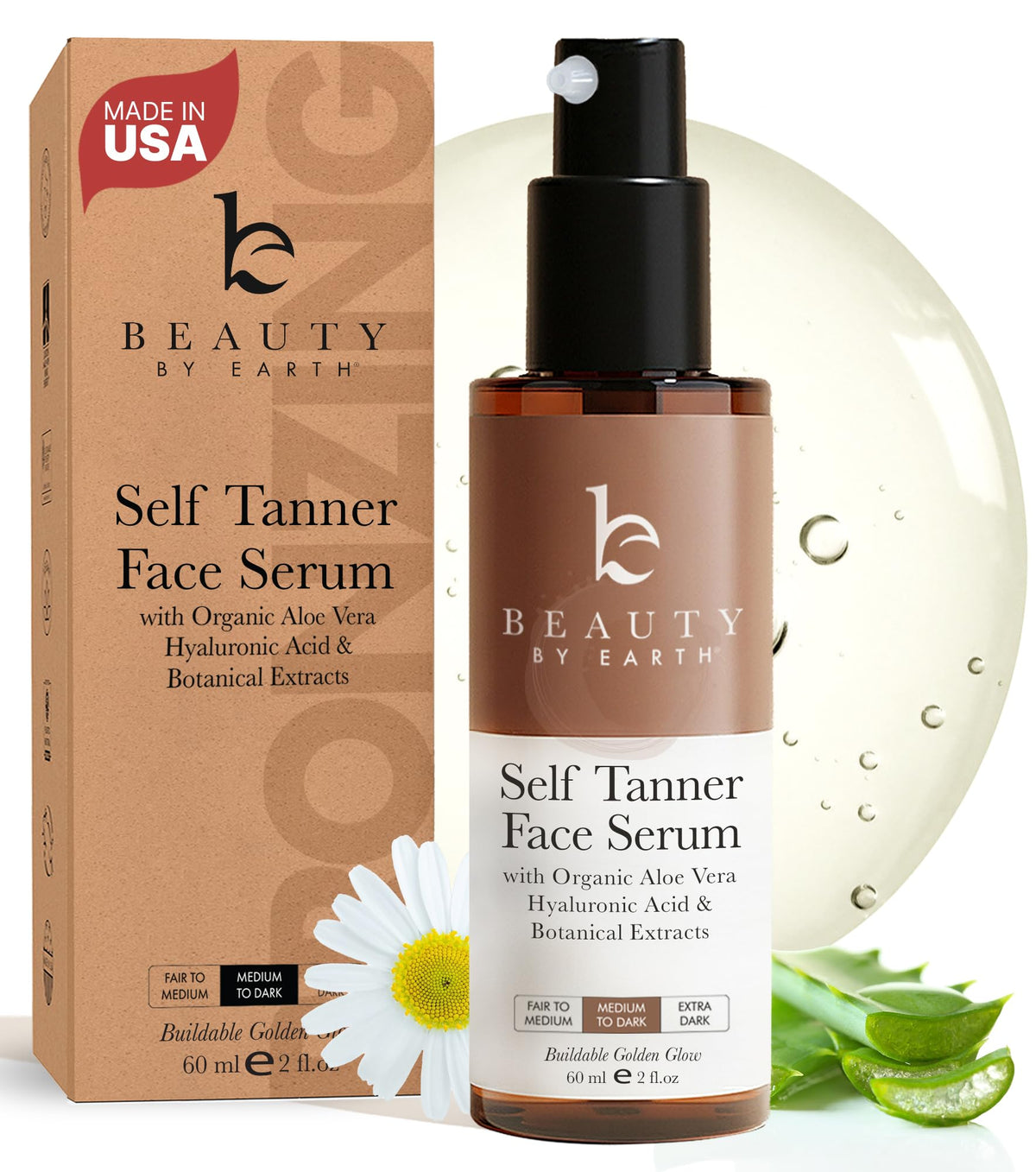 Beauty by Earth face tanner serum bottle shows a natural glow on skin.