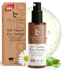 Beauty by Earth Face Tanner Serum bottle showing natural ingredients for glow
