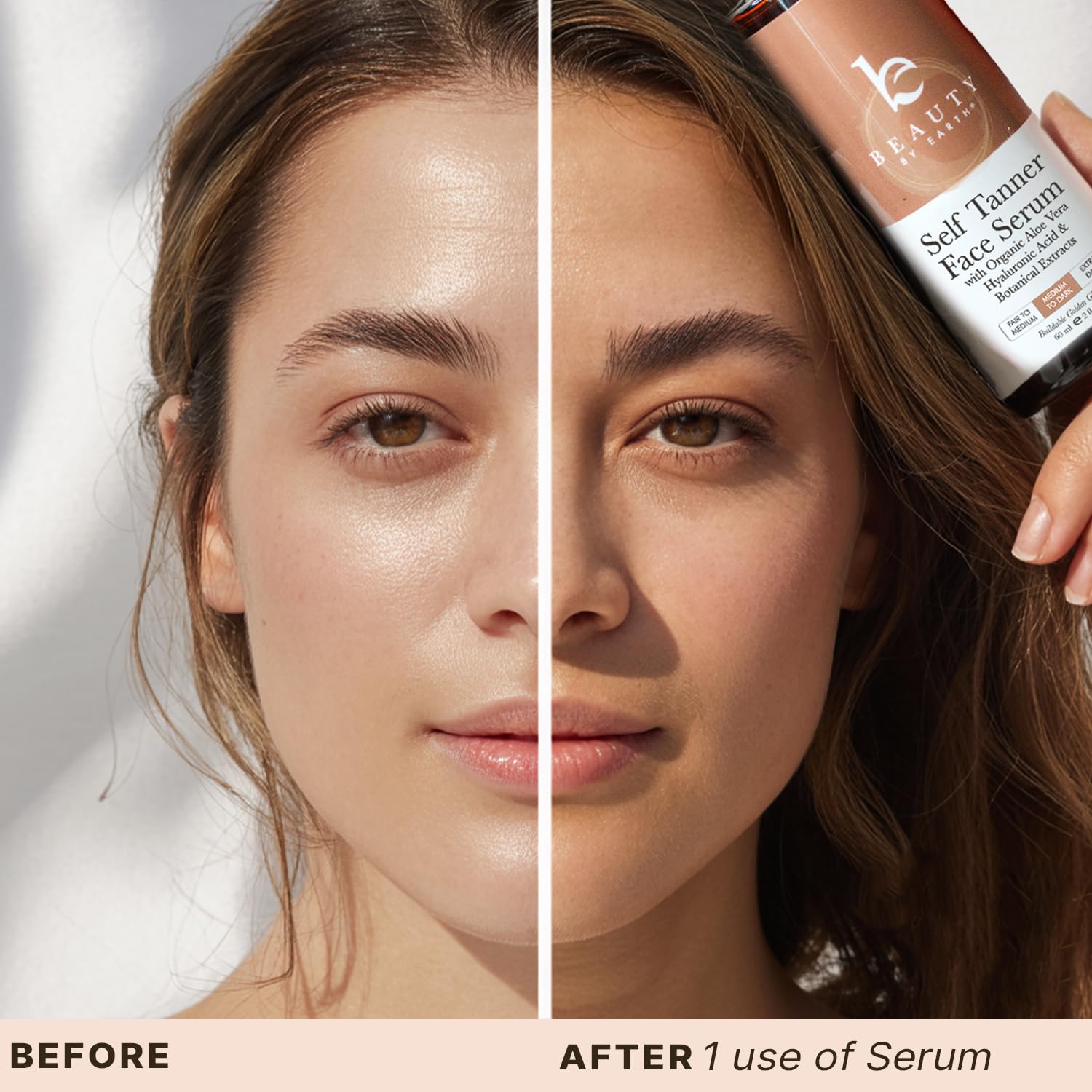 Beauty by Earth face tanner serum glow close-up shows bronze finish.