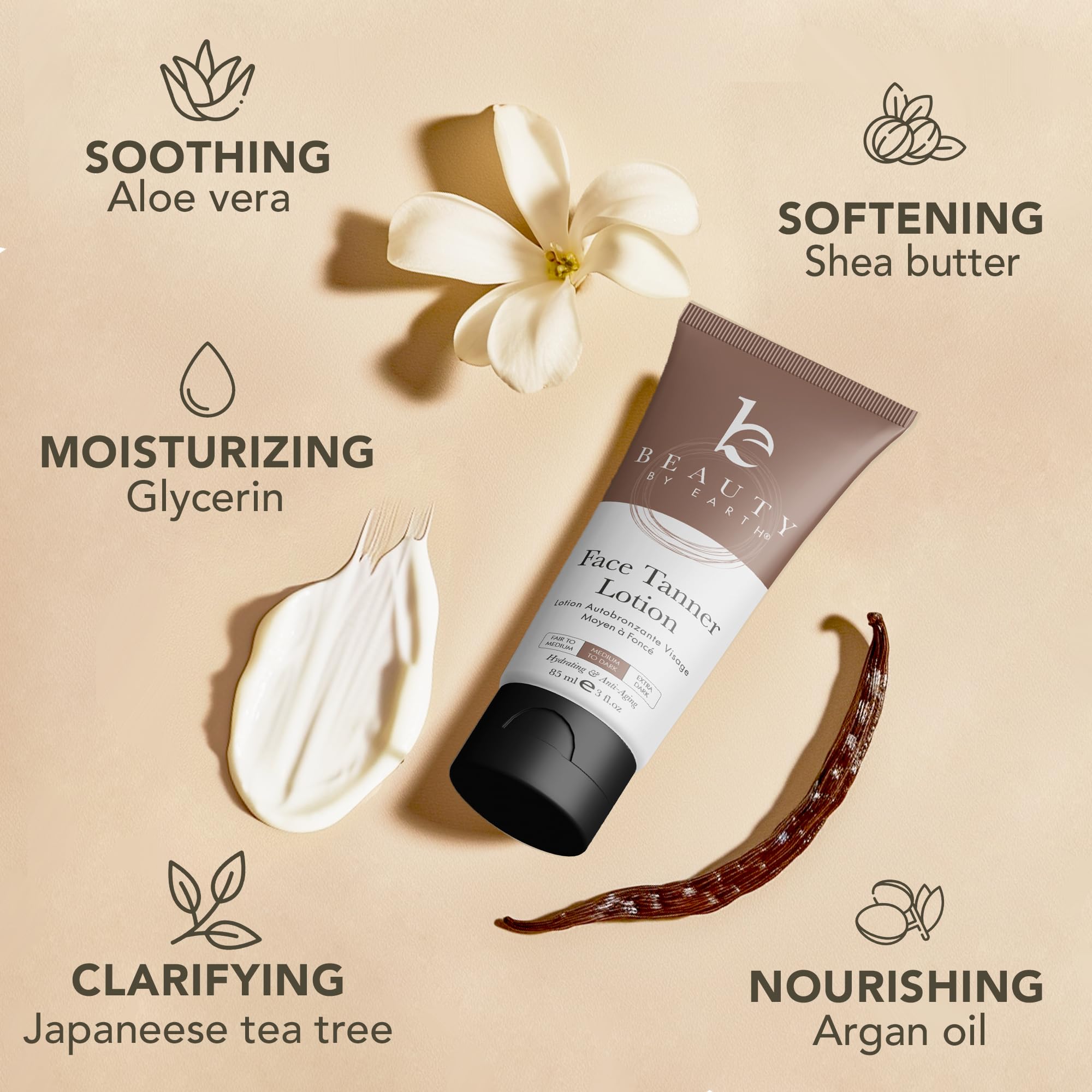 Beauty by Earth Face Tanner beside mirror for daily routine use.