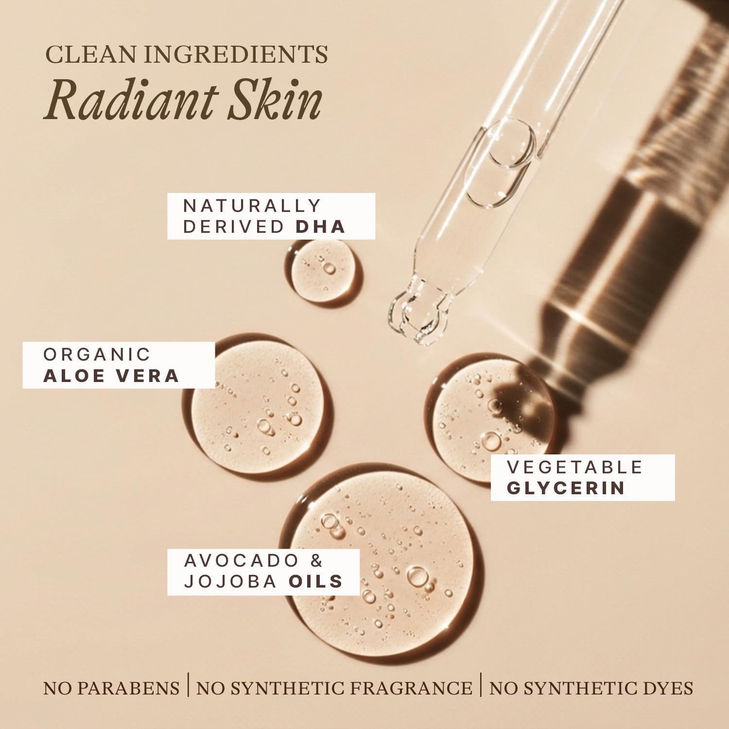 Ingredients panel featuring aloe vera, avocado oil, jojoba oil and green tea