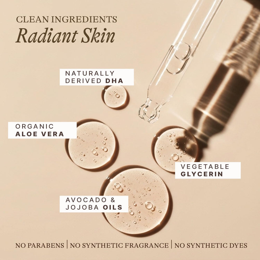 Ingredients panel featuring aloe vera, avocado oil, jojoba oil and green tea
