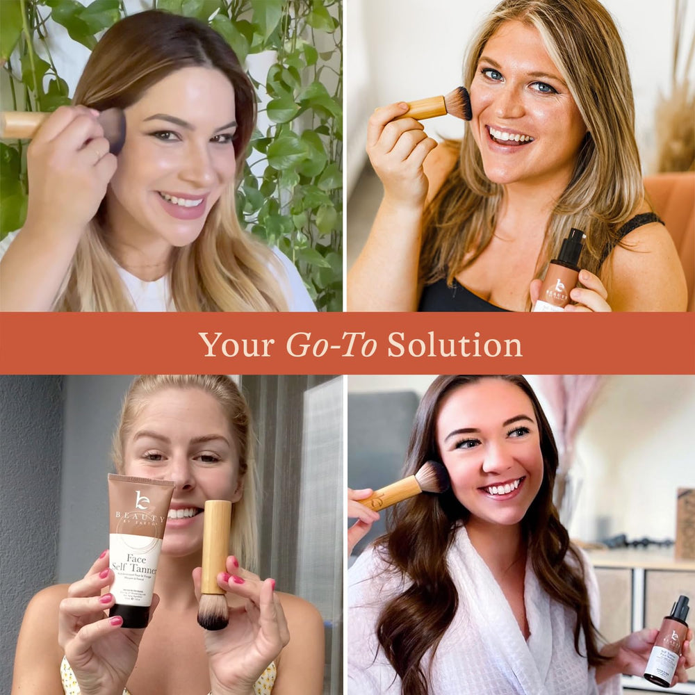 Beauty by Earth Kabuki Brush self-tanner application for even color distribution.