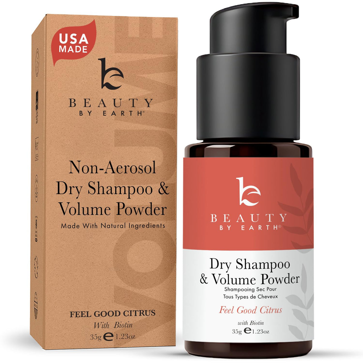 Beauty by Earth non-aerosol dry shampoo bottle showing oil absorption at roots.