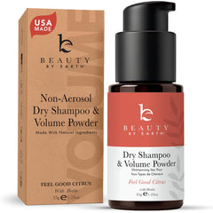 Beauty by Earth non-aerosol dry shampoo bottle showing oil absorption at roots.