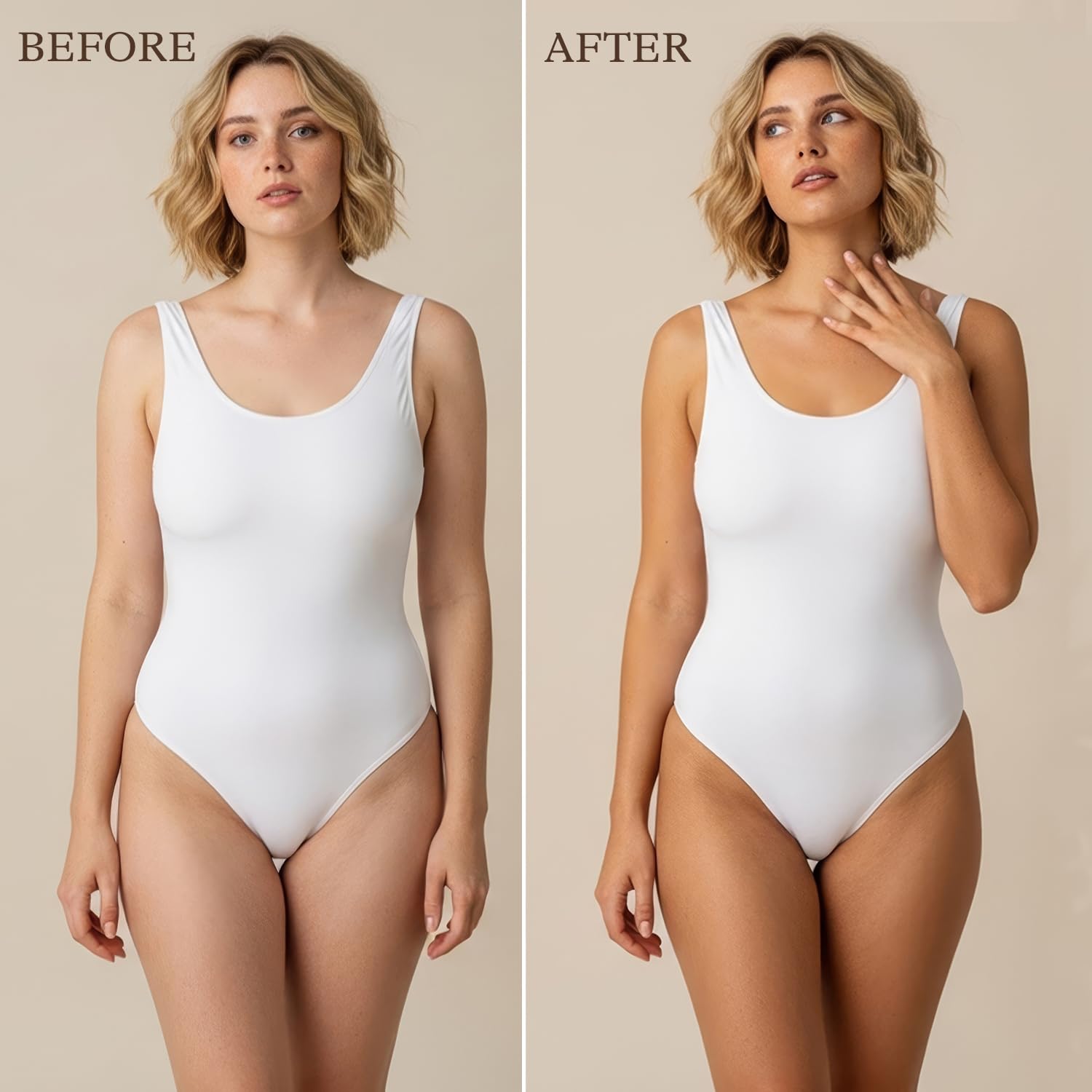 Beauty by Earth self-tanner application illustrates easy, even coverage on face and body.
