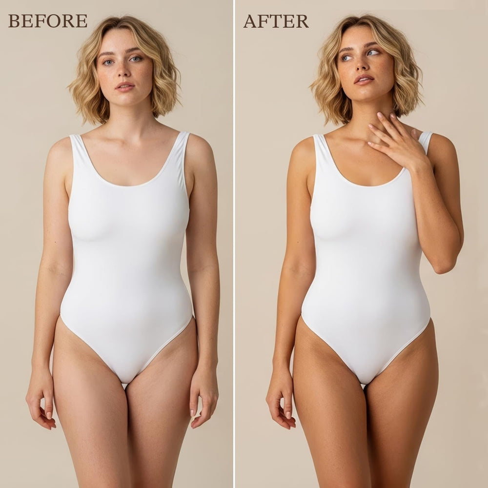 Beauty by Earth self-tanner application illustrates easy, even coverage on face and body.
