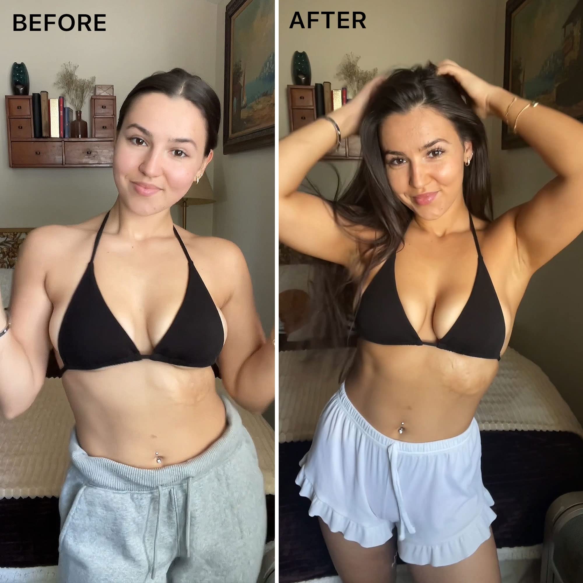 Beauty by Earth self-tanner body bottle showing even tan on skin.