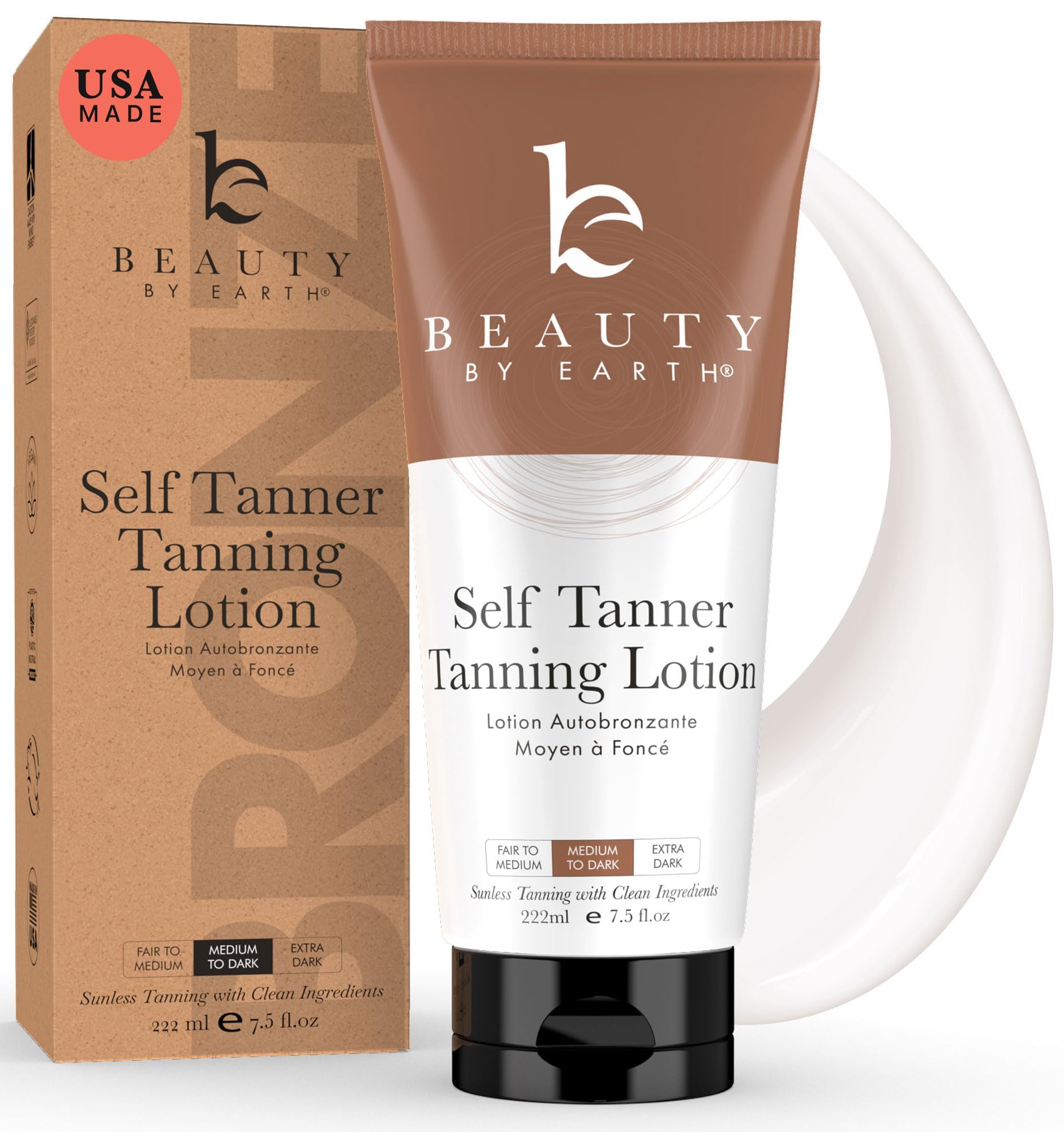 Beauty by Earth Self Tanner bottle showing natural glow without orange tones