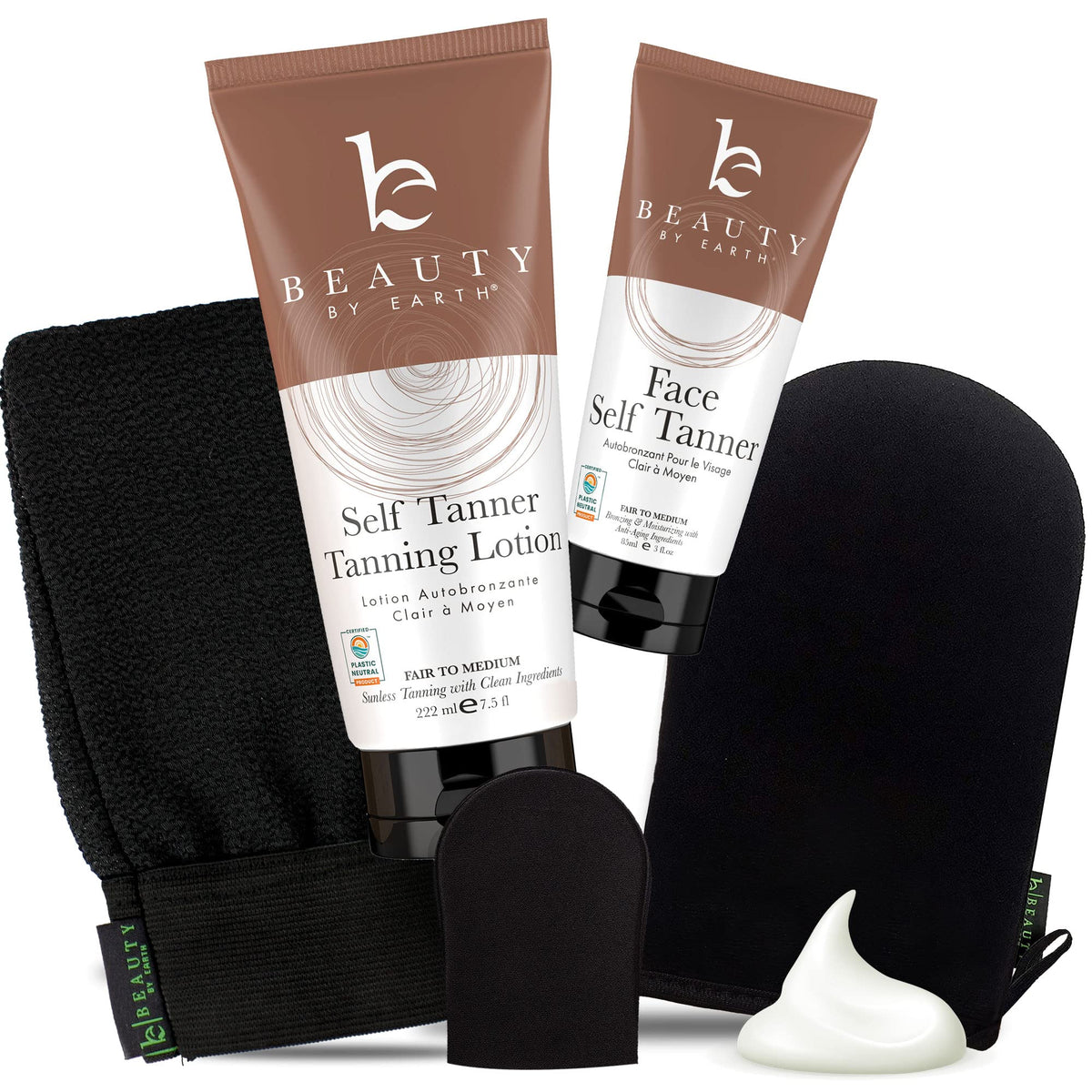Beauty by Earth self-tanner kit packaging shows a clean, natural sunless tanning option
