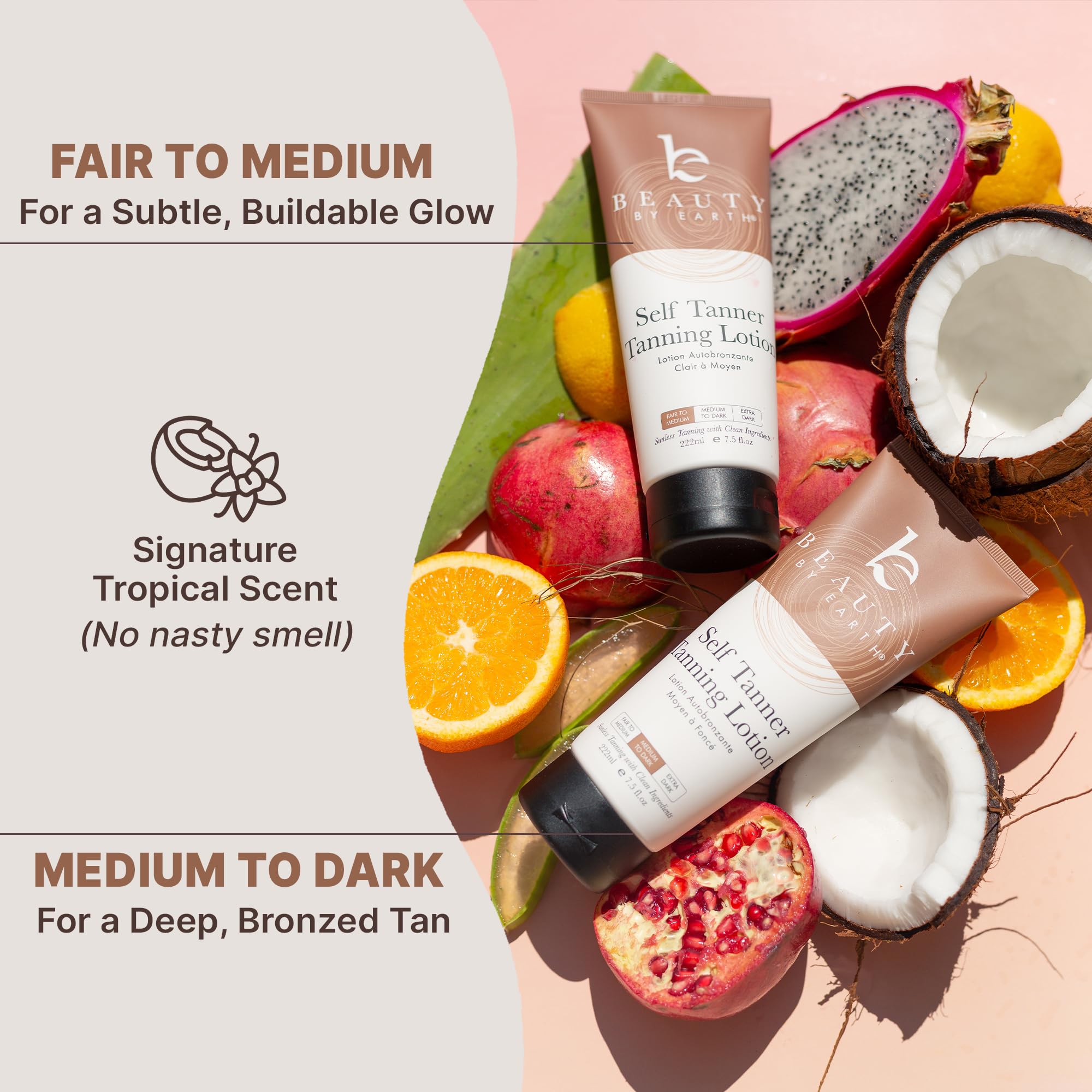 Beauty by Earth Self Tanner bottle enriched with aloe and coconut for hydration