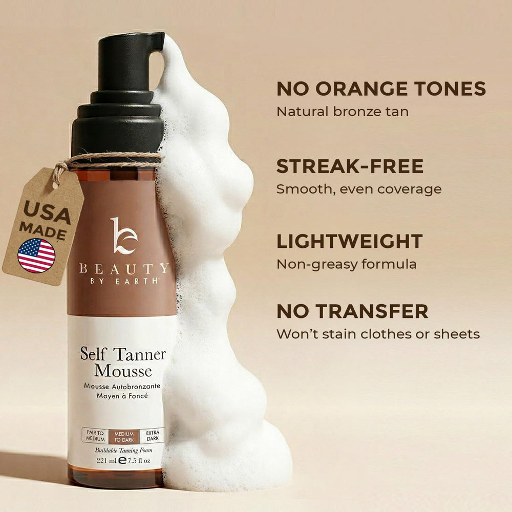 Beauty by Earth Self Tanner Mousse application close-up for a smooth glow.