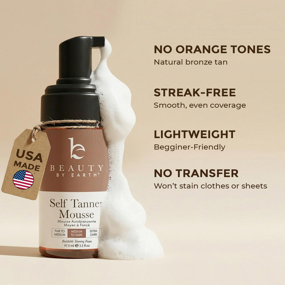 Beauty by Earth self-tanner mousse application swatch shows natural color payoff.