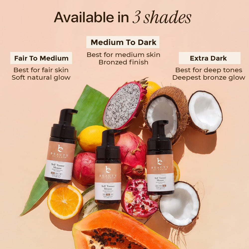 Beauty by Earth self-tanner mousse packaging shows eco-friendly design.