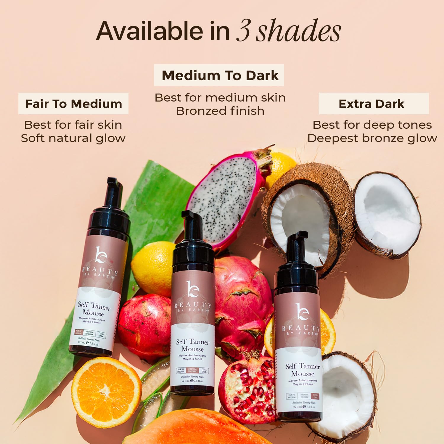 Beauty by Earth Self Tanner Mousse natural ingredients highlighted on label.