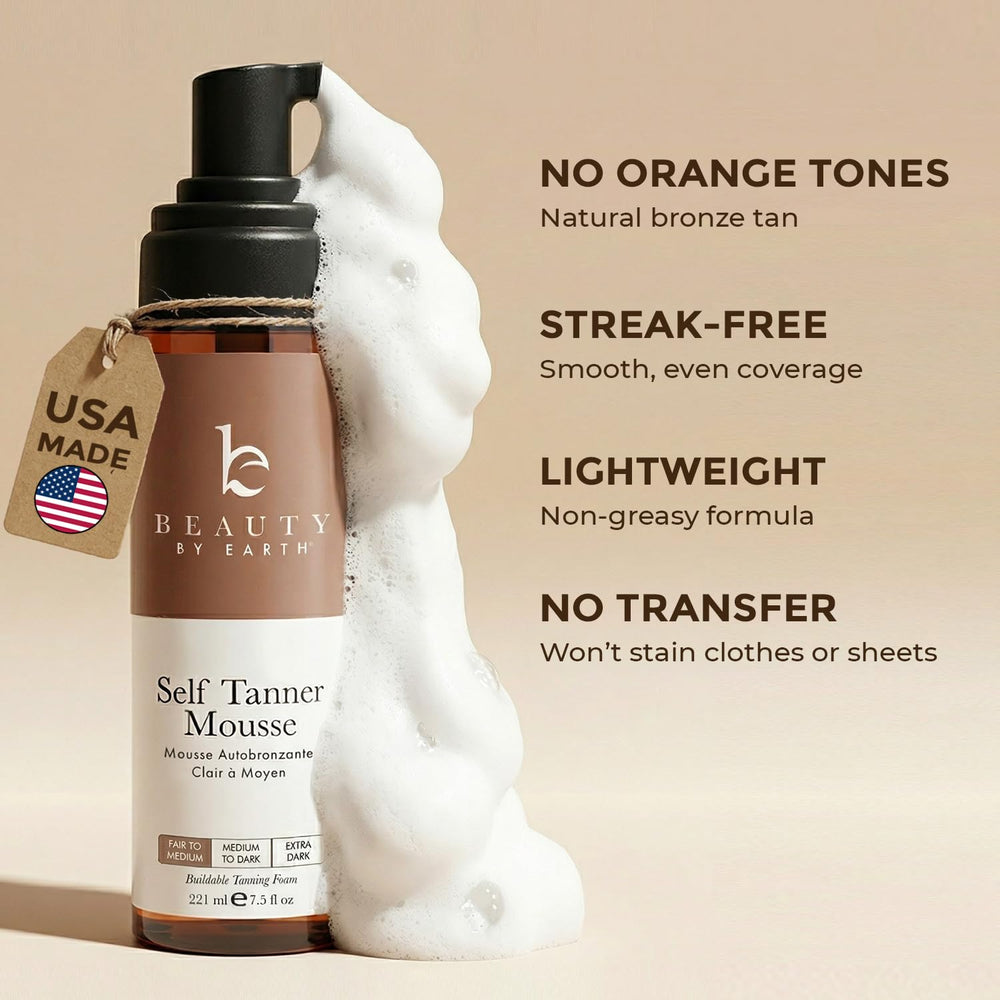 Beauty by Earth Self Tanner Mousse with tanning mitt for smooth, even coverage.