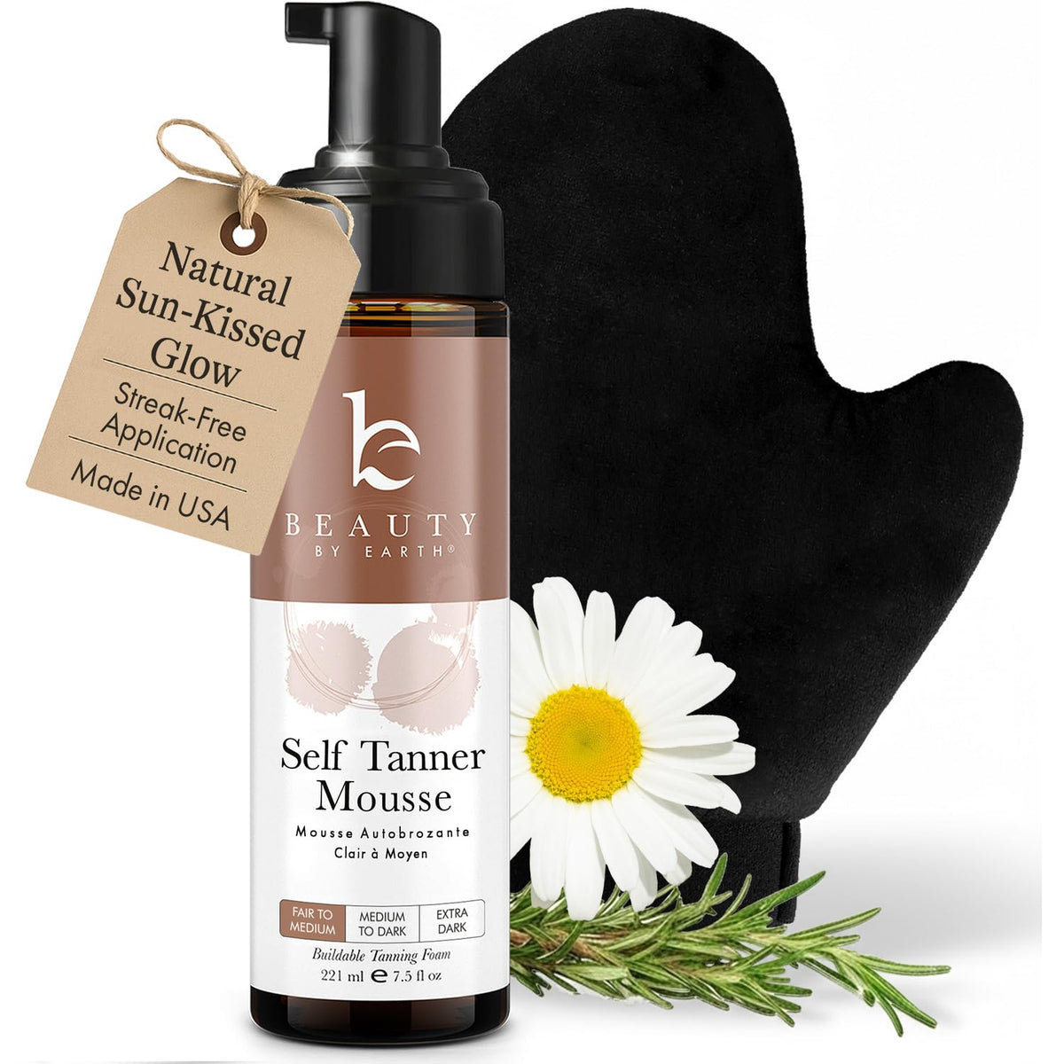 Beauty by Earth self-tanner mousse bottle shows natural glow for skin tones.