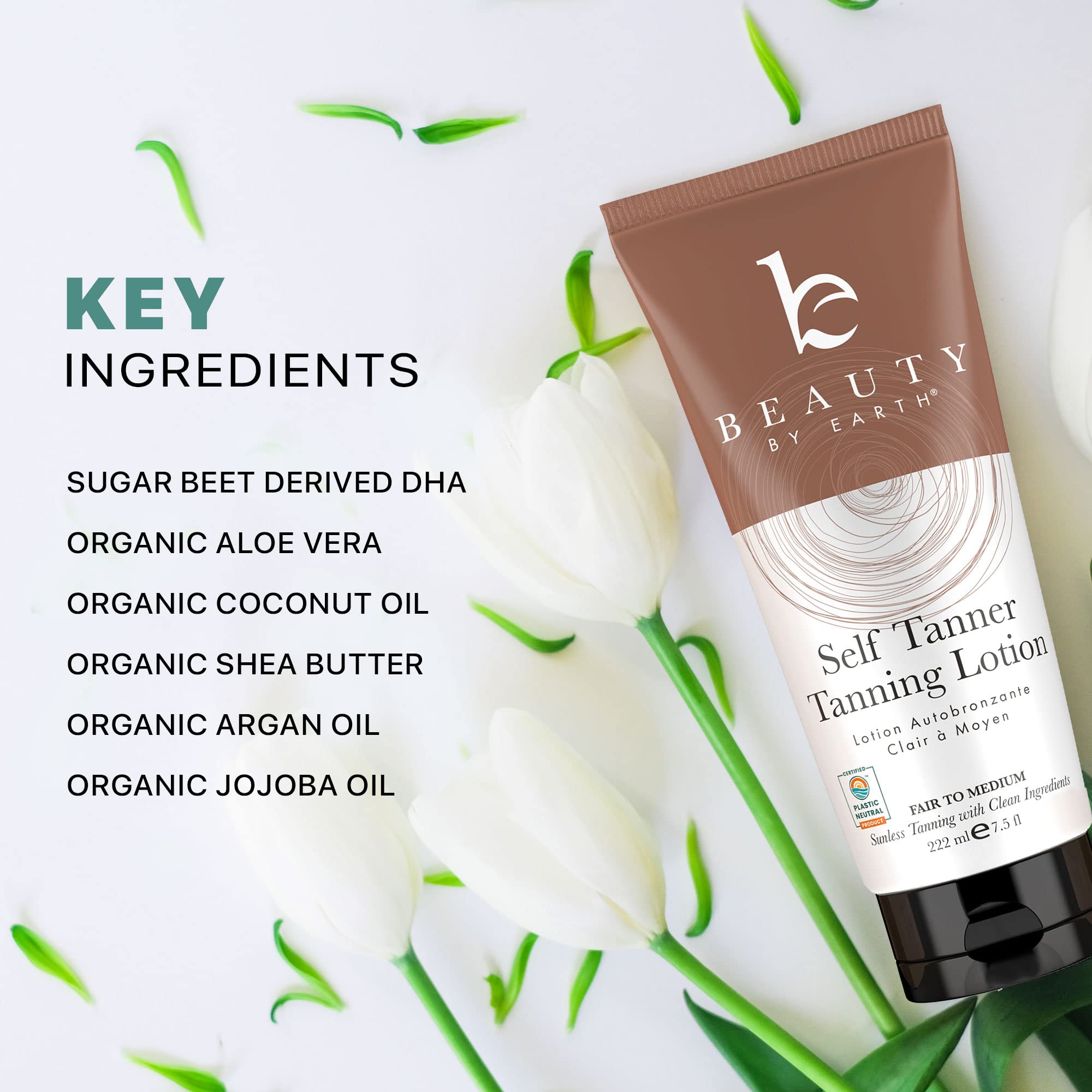 Beauty by Earth Self Tanner with shea butter hydrating while tanning.