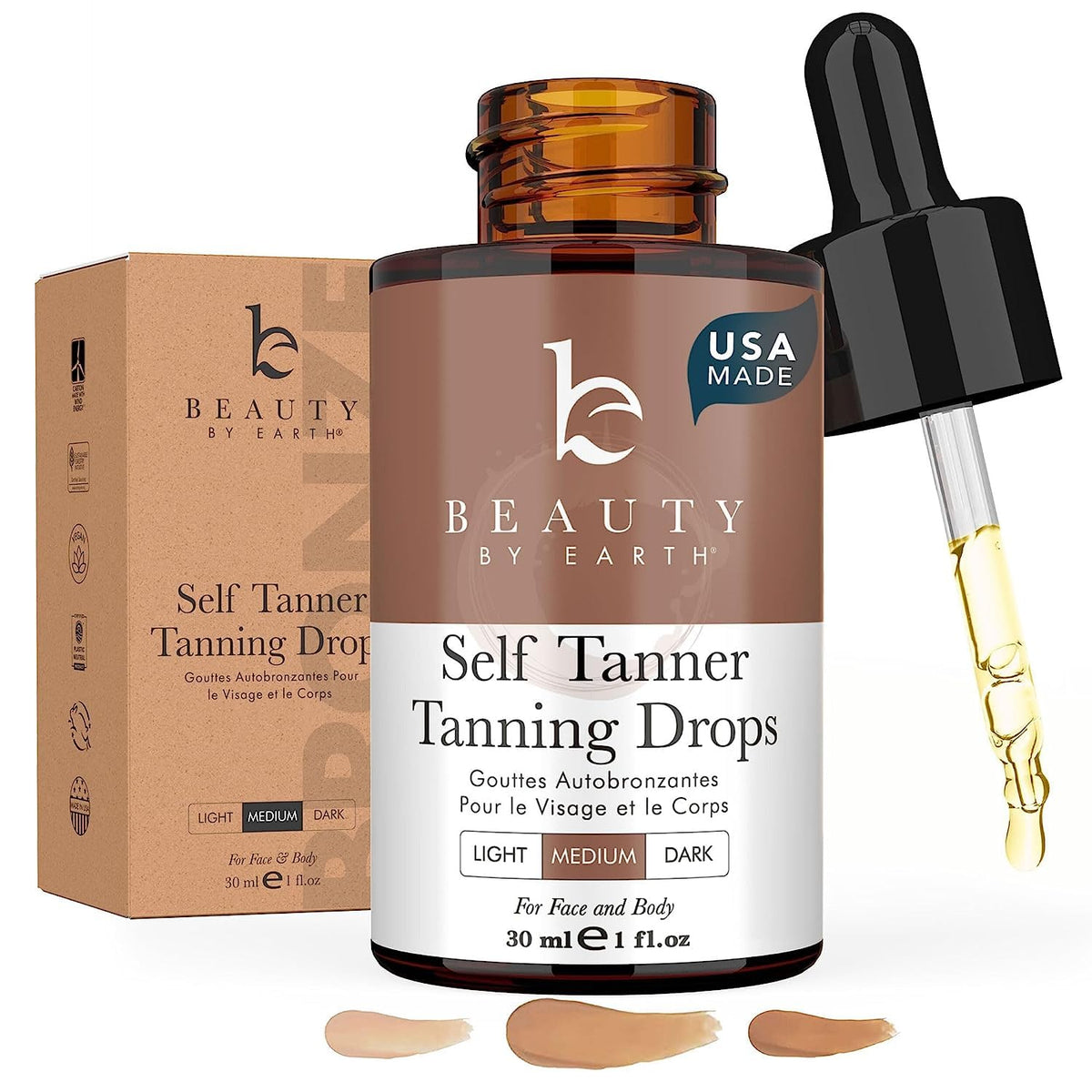 Beauty by Earth self tanning drops bottle showing clean, USA-made formula for all skin tones