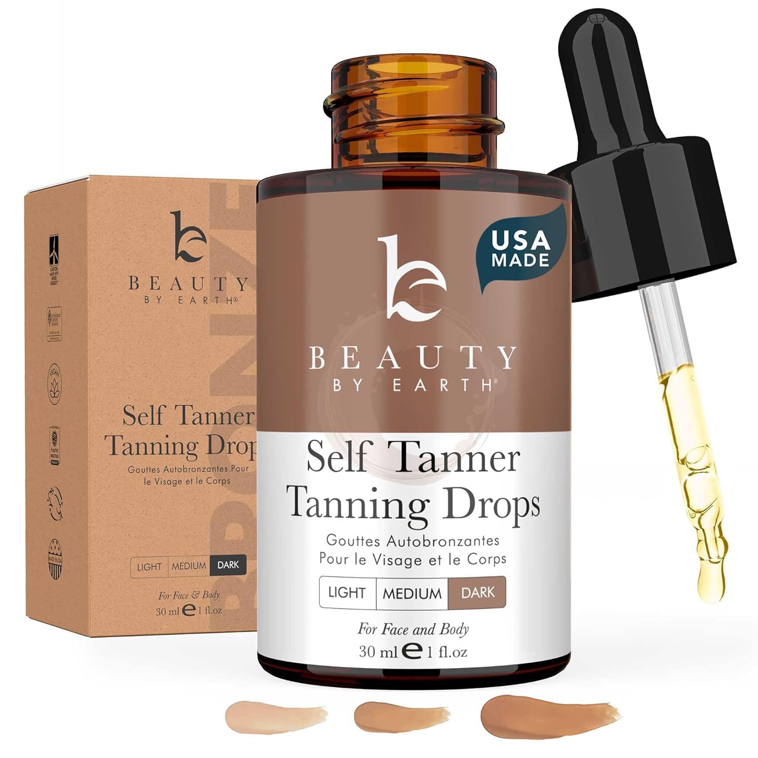 Beauty by Earth self tanning drops bottle highlights customizable tan for skin.