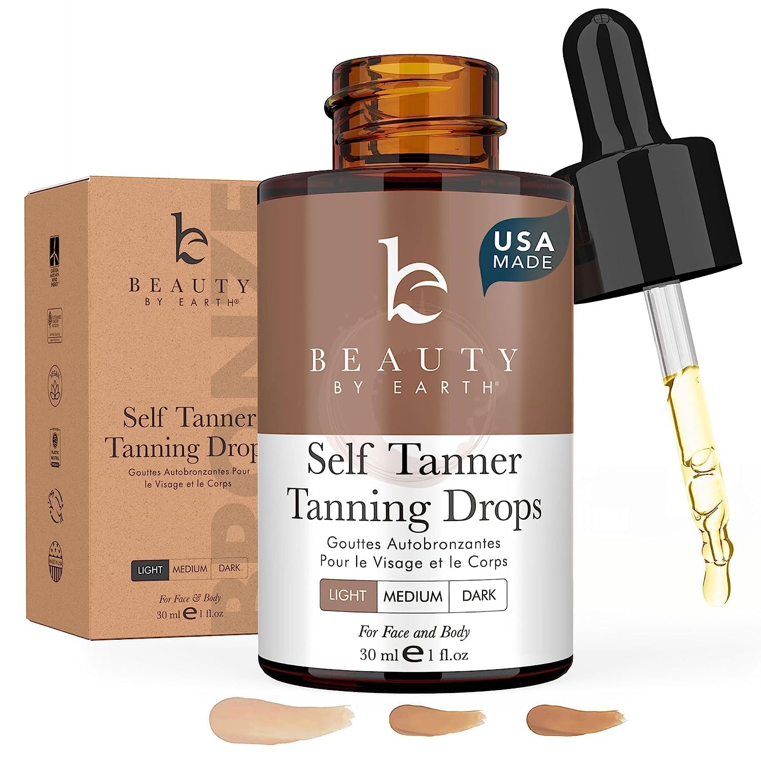 Beauty by Earth self tanning drops face bottle shows premium packaging for easy daily sunless tanning
