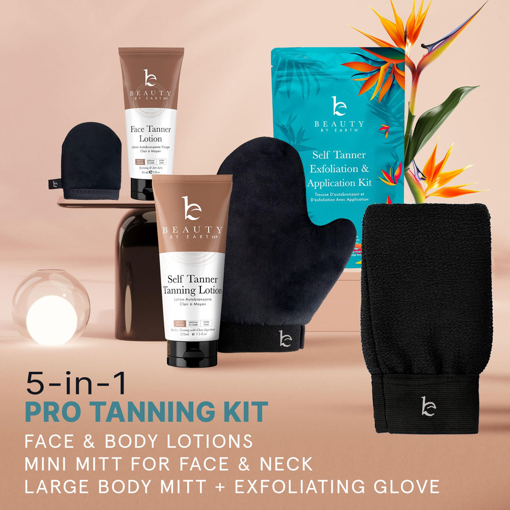 Beauty by Earth tanning kit in-use setup shows all-in-one convenience