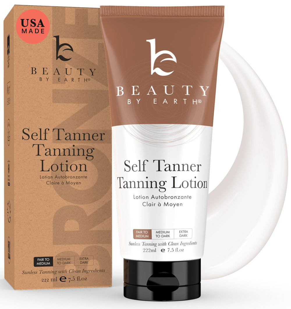 Beauty by Earth tanning lotion bottle offers a natural, streak-free tan.