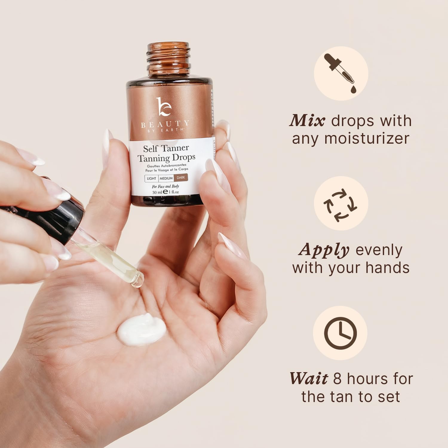 Beauty by Earth travel-friendly bottle highlights convenient on-the-go tanning.
