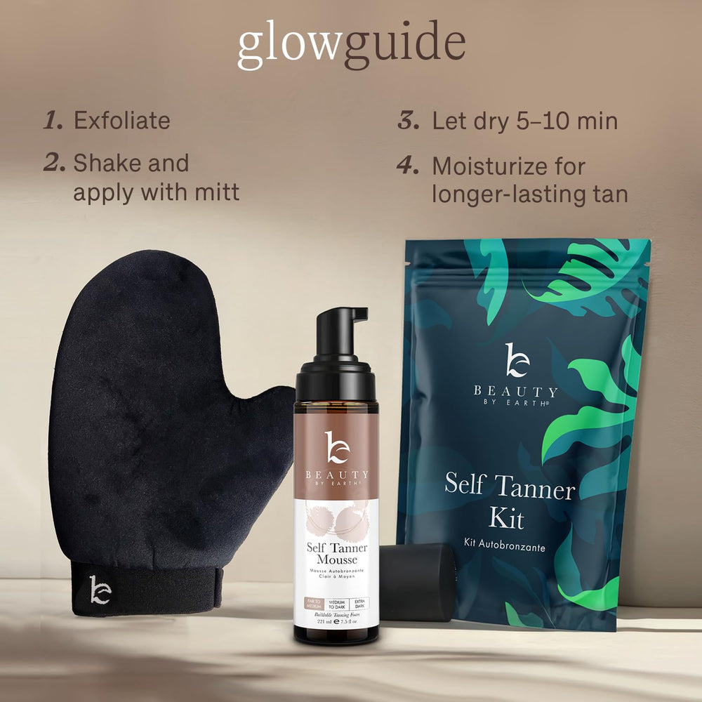 Beauty by Earth USA-made self-tanner kit ready for at-home use.