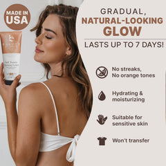 Beauty by Earth USA-made self-tanner bottle highlighting quality and origin.