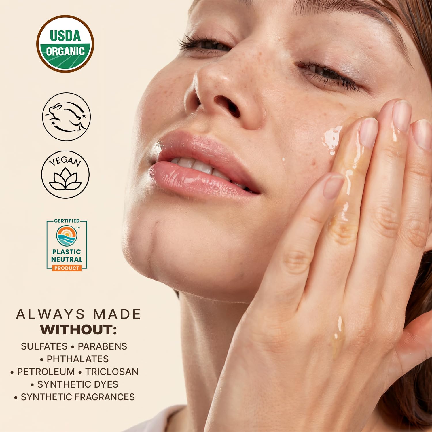 Label closeup emphasizes organic certification and clean ingredients