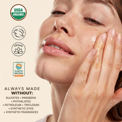 Label closeup emphasizes organic certification and clean ingredients