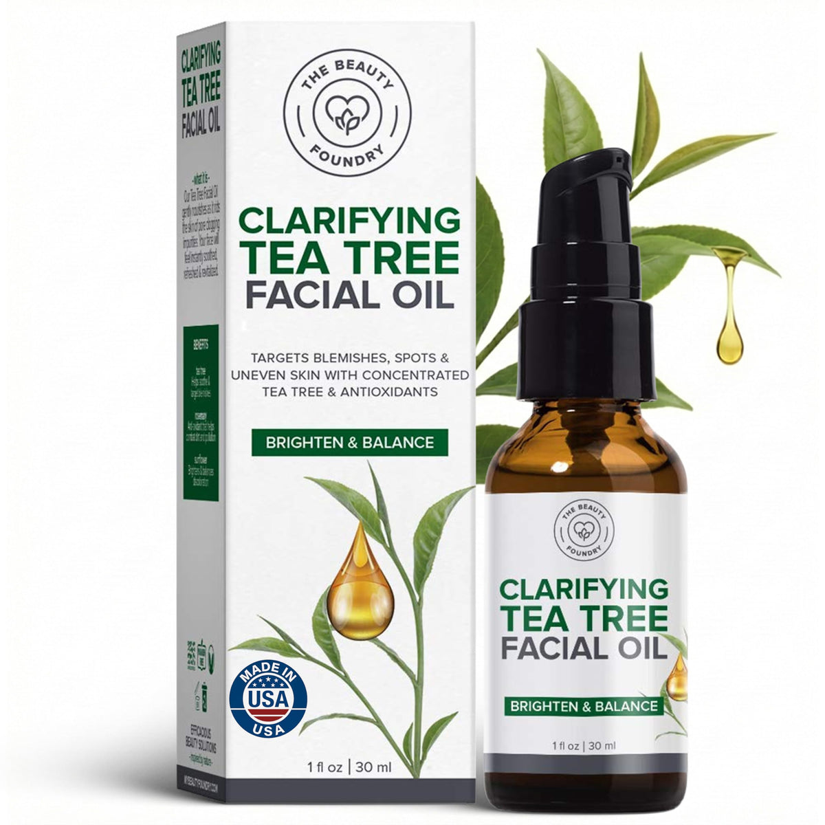 Beauty Foundry Aceite facial árbol de té, botella en primer plano para uso diario suave.