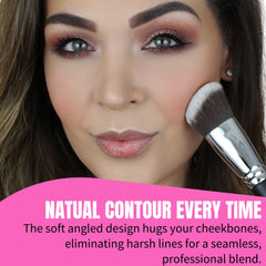 Beauty Junkees blush brush closeup shows dense synthetic bristles that don’t shed