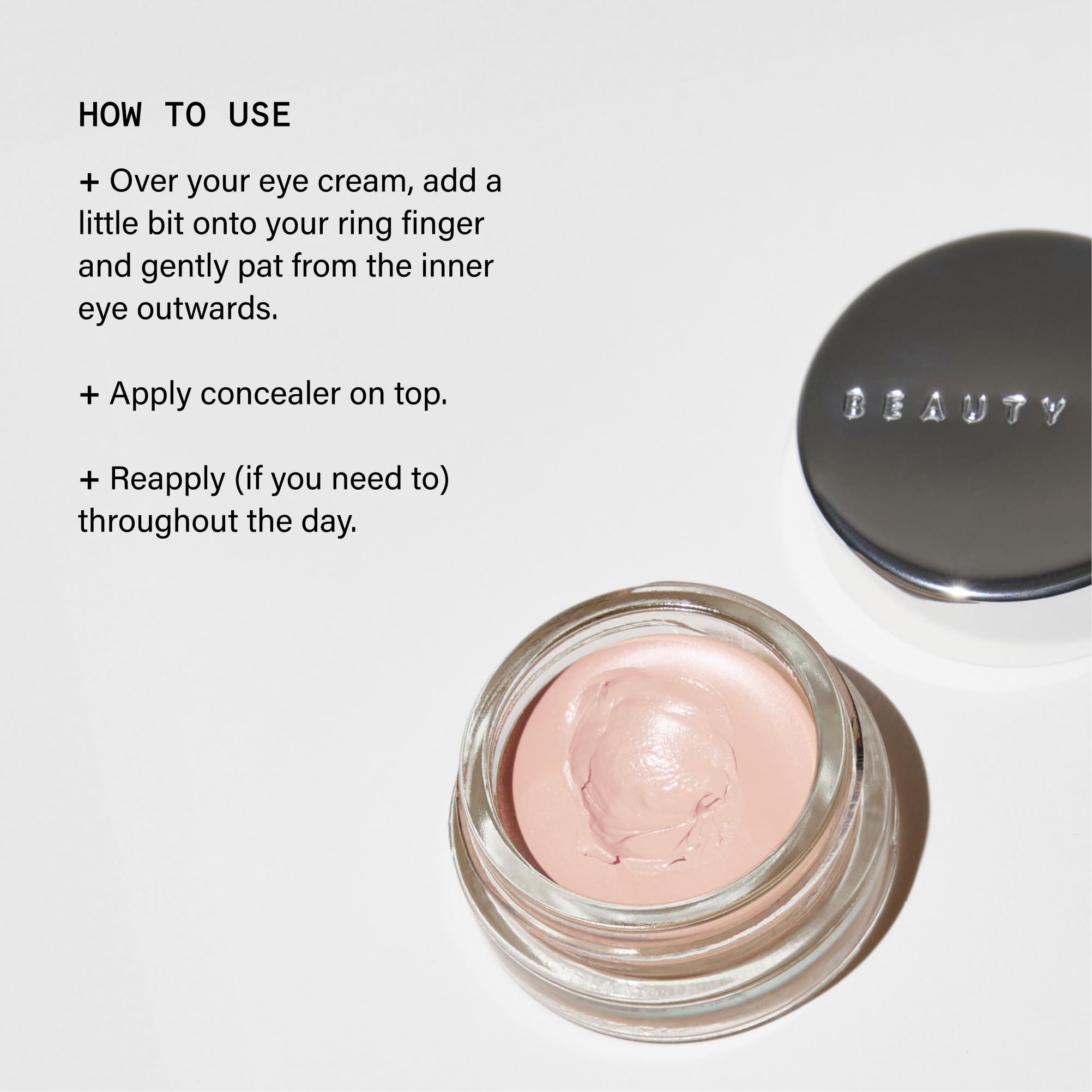 Beauty Pie guide shows using ring finger for gentle patting along the eye contour.