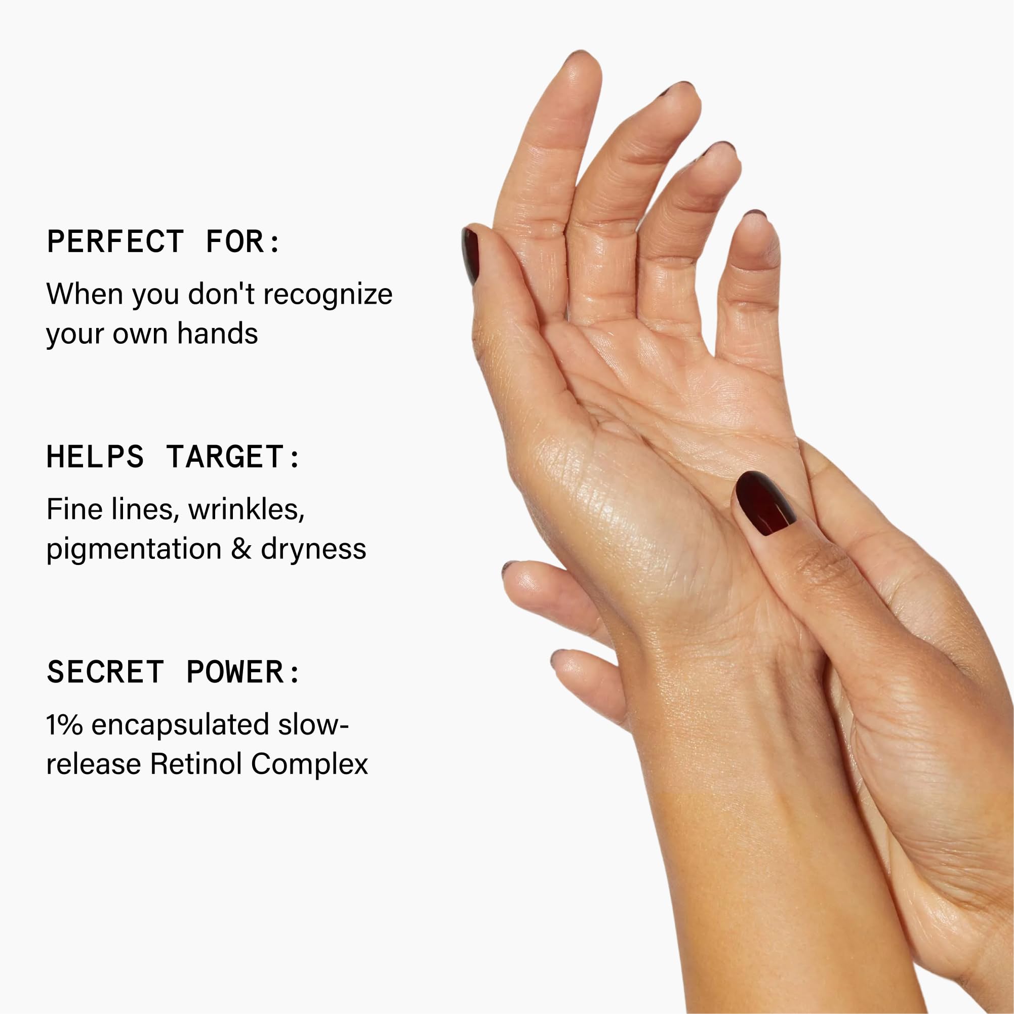 Beauty Pie hand cream packaging highlights 1% encapsulated retinol for targeted anti-aging care.