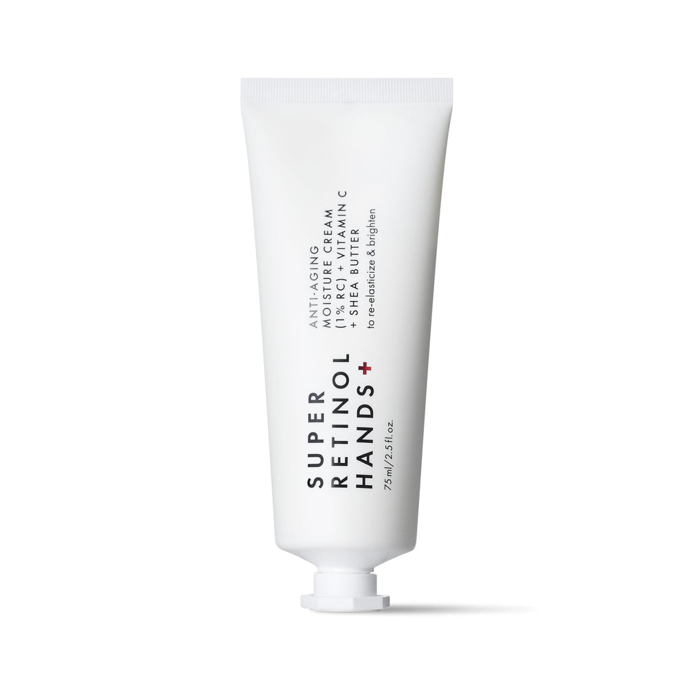 Beauty Pie Super Retinol Hand Cream tube closeup, fragrance-free and deeply hydrating for daily use.