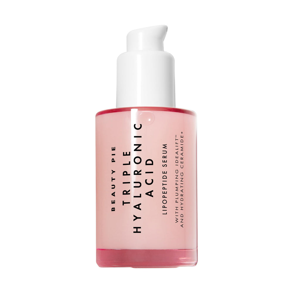 Beauty Pie Triple Hyaluronic Acid Serum bottle highlights deep hydration for radiant skin.