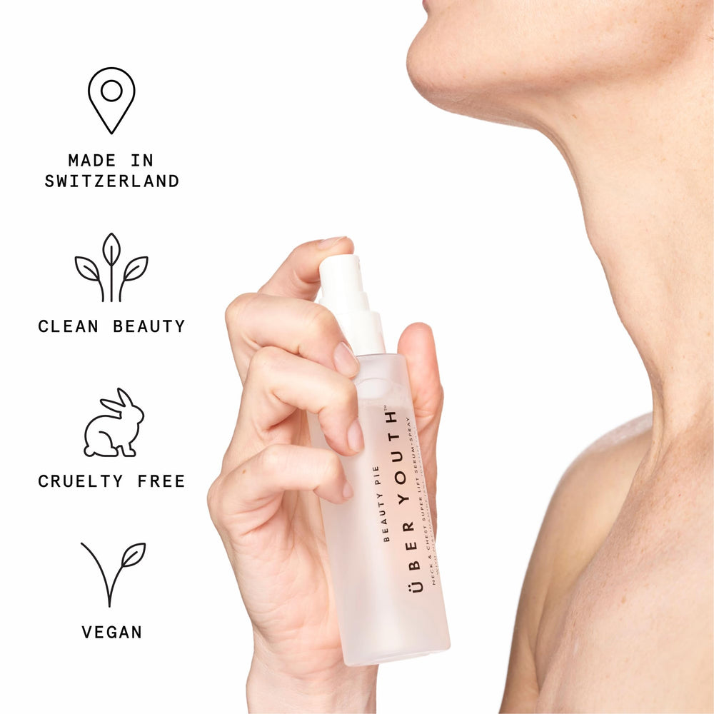 Beauty Pie Uber Youth Neck & Chest Serum-Spray with daily-use context alongside moisturiser.